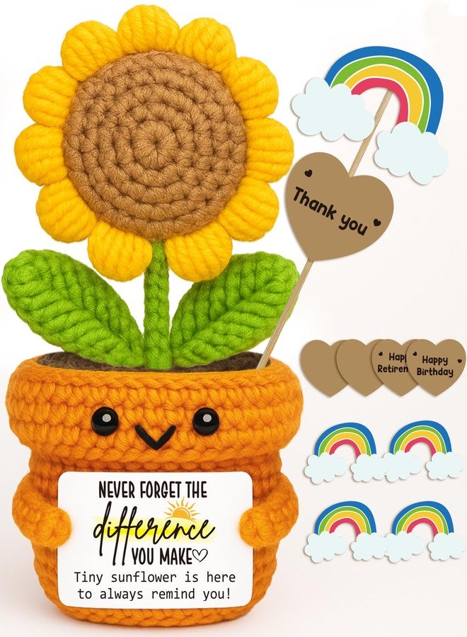 Frabaca Mini Positive Crochet Sunflower Desk Decor - Never Forget the Difference You Make - Christmas Appreciation Gifts for Women Teacher, Coworker, Nurse, Mentor for Retirement, Farewell, Thanksgiving - Image 1